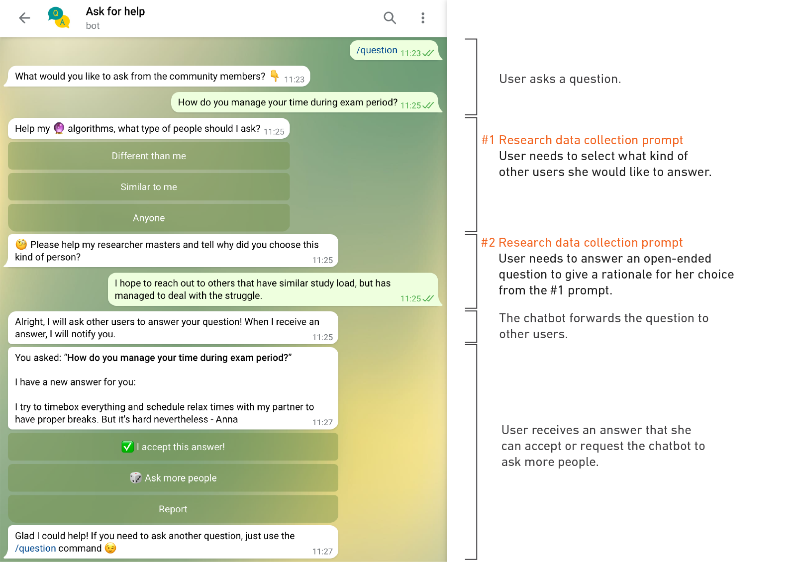 Conversation flow with embedded research prompts.
